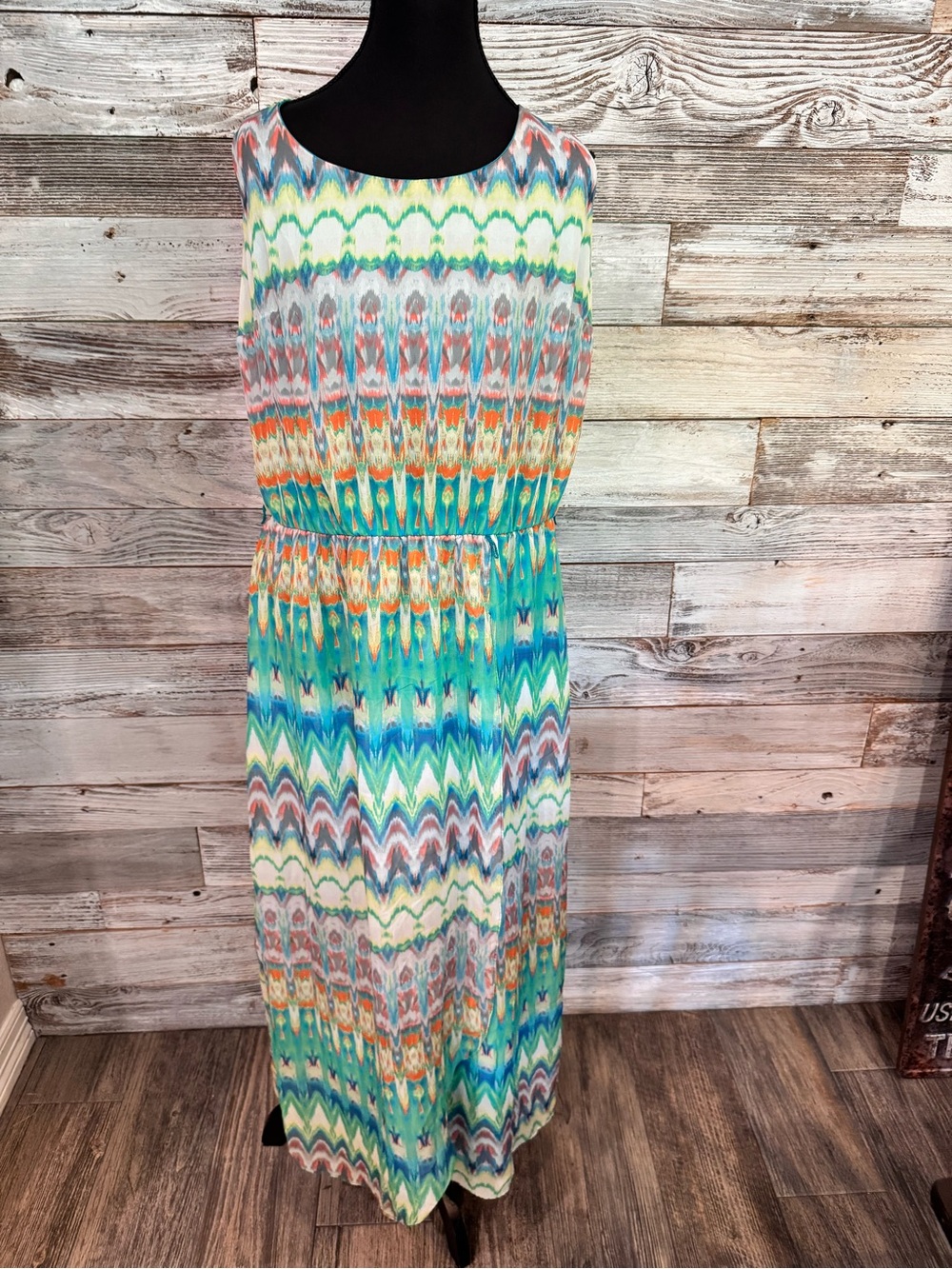 J.B.S. Sleeveless Maxi Dress in Teal, Green, Coral & White